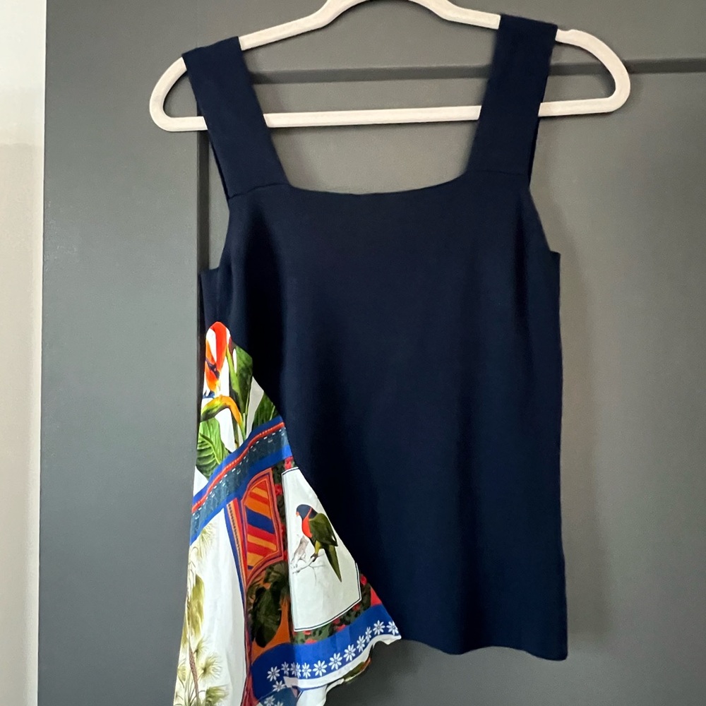 Navy Ecru Silk Scarf Asymmetrical Top | Size: Small